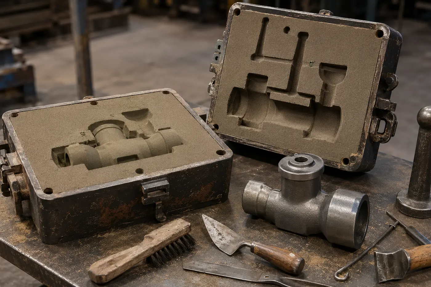 Prepared two-part sand casting mould with runner and gating impressions
