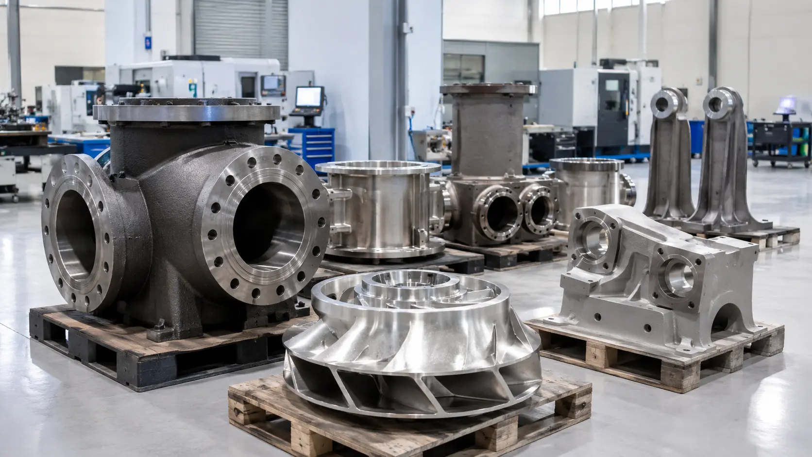 Finished carbon and stainless steel cast engineering parts in a clean industrial inspection area