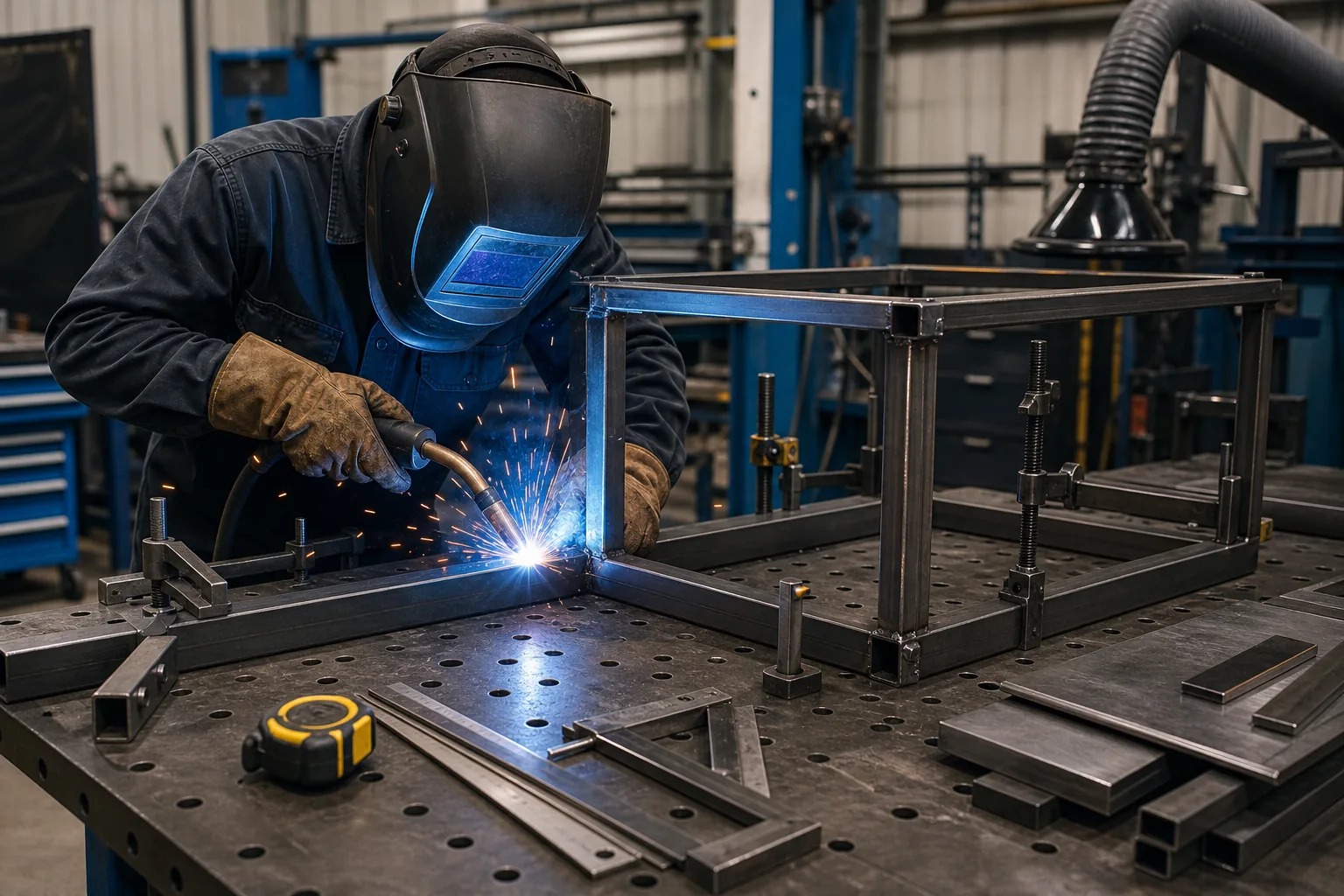 Welder assembling a steel fabrication for a Sheffield engineering project